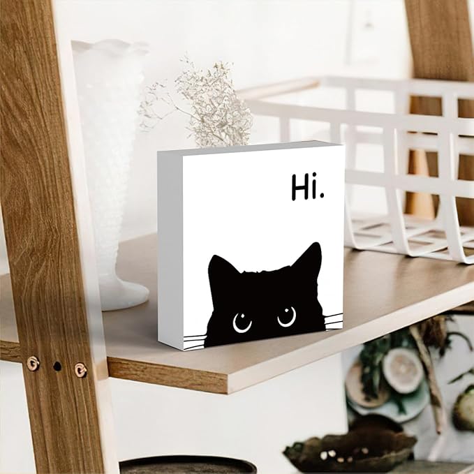 Black Cat Desk Decor, Office Decorations for Work, Cat Lover Gifts for Women, Cat Gifts for Girls, Cat Lover Gifts, Wooden Box Decor Sign for Home Farmhouse Living Room Bedroom Bathroom Classroom Gym