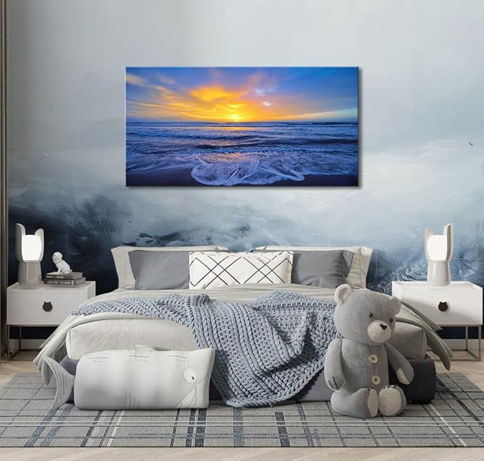 Wall Art Decor Large Sunset Canvas Print Picture Sunrise Ocean Beach Waves Scenery Modern Painting Artwork for Home Office Living Room Bedroom Decoration Framed Ready to Hang, 20x40Inch