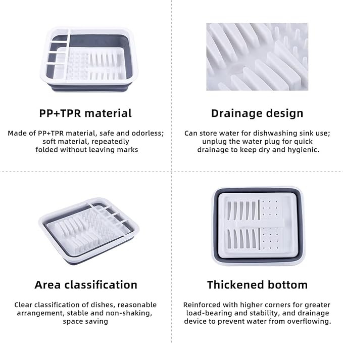 THANSTAR Collapsible Dish Drying Rack for RV Kitchen, Foldable Drainer Organizer for Kitchen Countertop, Space Saving Portable Dish Rack for Campers, Travel Trailer & Small Spaces, Easy Storage, Grey