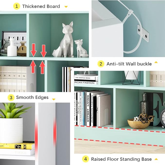 IOTXY Open Shelf Low Bookcase - Wooden 3-Tier Floor Standing Display Cabinet Organizer with Base, 10 Cubes Short Horizontal Bookshelf in Tiffany-Green
