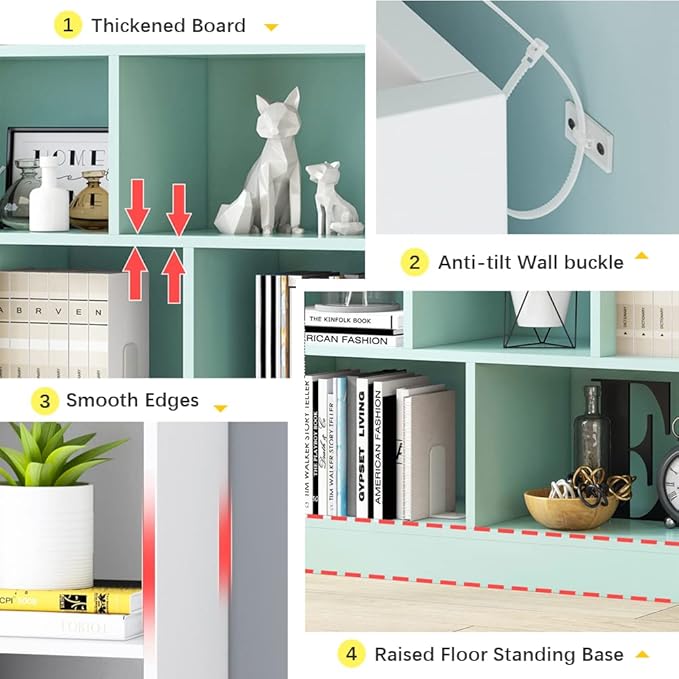 IOTXY Open Shelf Low Bookcase - Wooden 3-Tier Floor Standing Display Cabinet Organizer with Base, 7 Cubes Short Horizontal Bookshelf in Pear Yellow