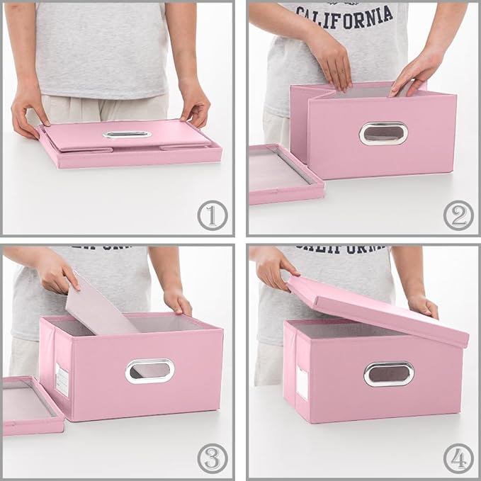 PRANDOM Collapsible Storage Box with Lid [1-Pack] Leather Fabric Foldable Storage Bin Organizer Container Basket Cube with Cover for Home Bedroom Closet Office Nursery Pink (13.6x9.6x6.9)