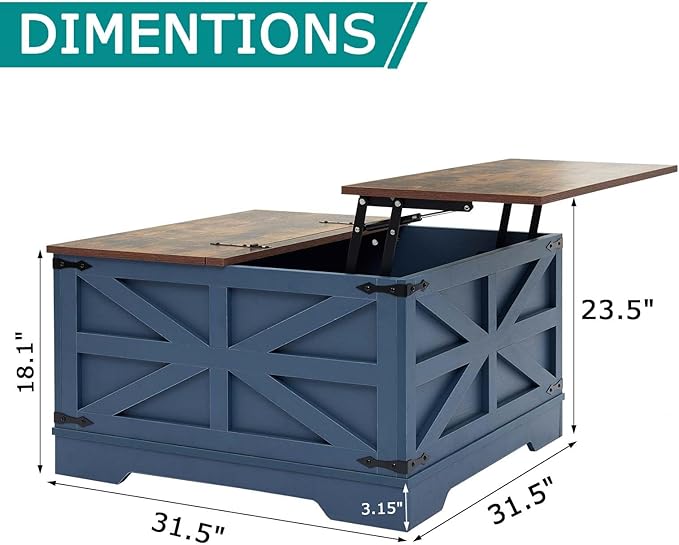 Blue Coffee Table with Storage, Cocktail Table with Hinged Lift Top, Farmhouse Square Wood Center Table with Large Hidden Storage Compartment for Living Room, Square Coffee Table, Metal Edges Decor