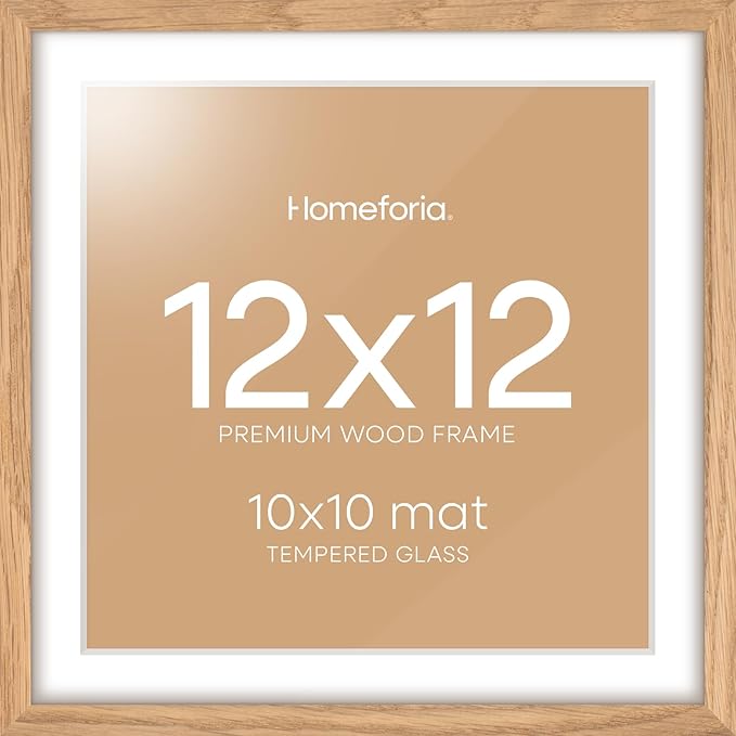 Homeforia 12x12 Light Wood Frame, High End Natural Oak 12 x 12 Square Picture Frames with Mat 10 by 10 inch Photo, 12by12 Wooden Poster Frames Matted to 10x10 Print, Tempered Glass, Wall Kit, Set of 1