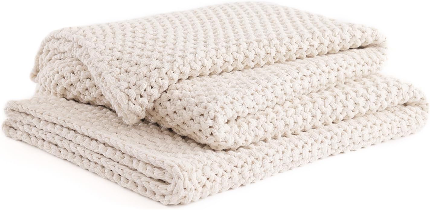 YnM Chunky Cotton Knit Throw Blanket, Cable Knit Throws for Bed Couch Sofa, Comfy & Relaxing, Decorative Piece for Farmhouse Modern Boho Rustic Scandinavian Chic Vibe, Cream White 50x60 Inches
