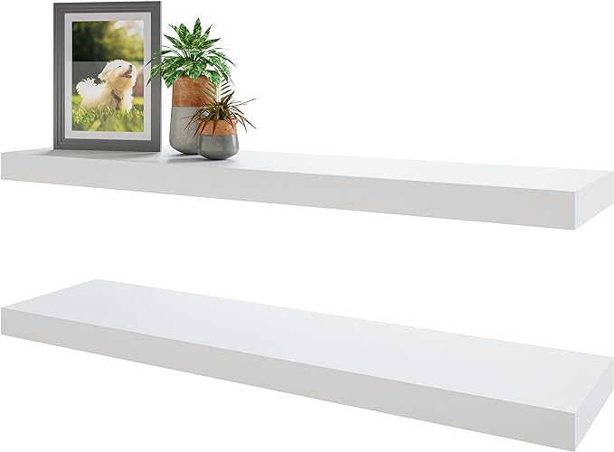 BAMEOS Floating Shelves, 35 in W x 7in D White Wall Mounted Wooden Shelves with Invisible Brackets Set of 2, Hanging Wall Shelves Decoration for Bedroom and Kitchen