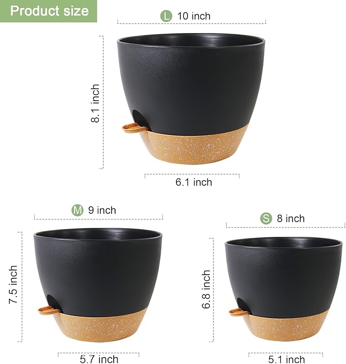 10/9/8 inch Medium Self Watering Pots, Planter, Plant Pots with Mesh Drainage Holes for Indoor Outdoor Garden Plants, Plastic Flower Pots with Removable Deep Reservoir, Black with Brown