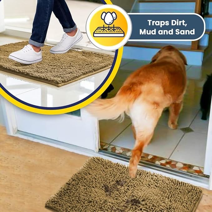 Muddy Mat® 4-Piece Beige Medium 30"X19" AS-SEEN-ON-TV Highly Absorbent Microfiber Door Mat, Bath Mat and Pet Rug, Non slip Thick Washable, Soft Chenille for Kitchen Bathroom Bedroom Indoor and Outdoor