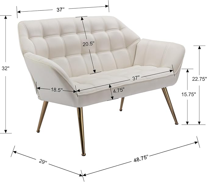 48”Small Loveseat Sofa, Modern Velvet Upholstered Mini Couch 2-Seater Fluffy Love Seat with Quilting Backs and Metal Legs for Small Space Living Room, Bedroom, Beige