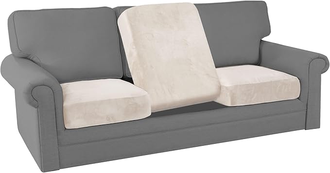 PrinceDeco Sectional Couch Cushion Covers 3 Pieces Velvet Separate Couch Cover Extra Large Stretch Sofa Slipcover Washable Furniture Protector for Sectional Sofa(Each Width Up to 40", Ivory)