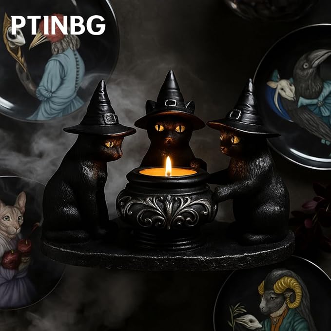 Halloween Black Cat Candle Holder, Cute Halloween Table Decor & Mantel Decoration (Black)