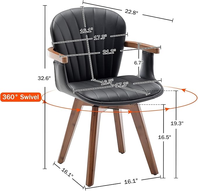 LUNLING Swivel Dining Chairs, Mid Century Modern Black Faux Leather Kitchen Chairs with Arms,Bamboo Legs Side Chairs No Wheels,Accent Chair for Dining Rooms and Offices,1PCS