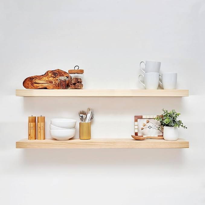 Homeforia 42 inch Wood Floating Shelf, High End Solid Natural Wood 42inch Large Floating Shelves for Wall Mounted, Unfinished Wooden Floating Shelves, Heavy Duty Bracket, 42 X 6.5 X 1.75 in, Set of 2