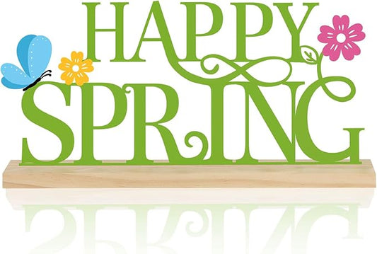 COCHIE Metal Happy Spring Sign, Spring Decorations for Home, Office, Shelf, Mantel, Indoor, Spring Flower Decor, Spring Butterfly Table Top Party Decoration (Spring)