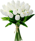 Mandy's Artificial Tulips 20 Stems Pure White PU Faux Flowers for Wedding Home Decor 13.5 Inch