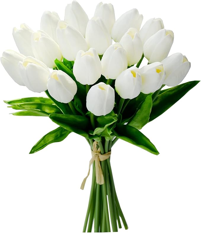Mandy's Artificial Tulips 20 Stems Pure White PU Faux Flowers for Wedding Home Decor 13.5 Inch