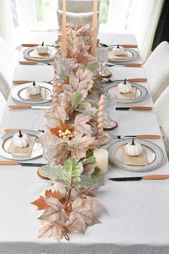 DearHouse 2 Pack Fall Maple Leaf Hanging Vine Garland Artificial Autumn Foliage Thanksgiving Decor for Home Wedding Fireplace Party Christmas (White&Green)