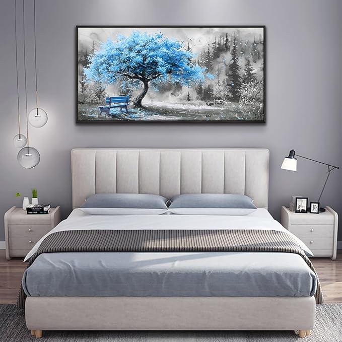 ZUITINGHUA Large Black Framed Wall Decor For Living Room Canvas Wall Art For Office Modern Wall Decorations For Bedroom Blue Tree Landscape Paintings Black And White Pictures Home Decor 24x48 In
