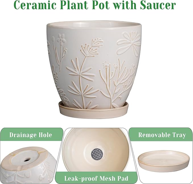 6.9 Inch Ceramic Plant Pot for Indoor Plants Outdoor Round Planter Flower Pot with Drainage Hole and Saucer for Home Garden Office Decor White