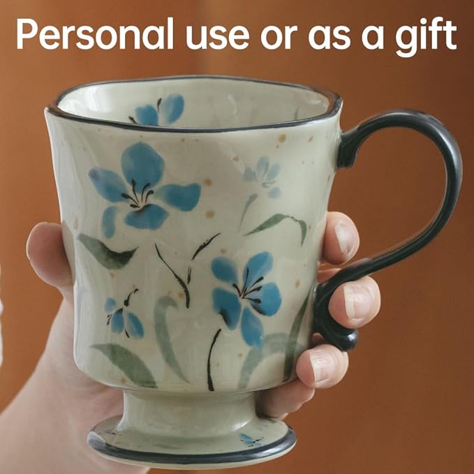 360ml -12.17oz Painted Forget-Me-Not Floral Ceramic Mug - Cute Coffee Cup for Latte, Espresso - Gift for Women, Dishwasher Safe