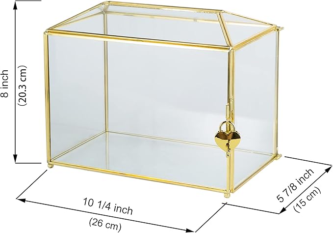Glass Wedding Card Box with Slot, Large Clear Card Box 10.2 inch Gold Brass Gift Card Storage Box with Lock for Wedding Receptions, Baby Shower, Birthday Party, Bridal Shower