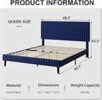 Queen Size Bed Frame with Headboard, Velvet Upholstered Platform Bed with Vertical Channel Tufted Design, No Box Spring Required, Easy Assembly, Blue