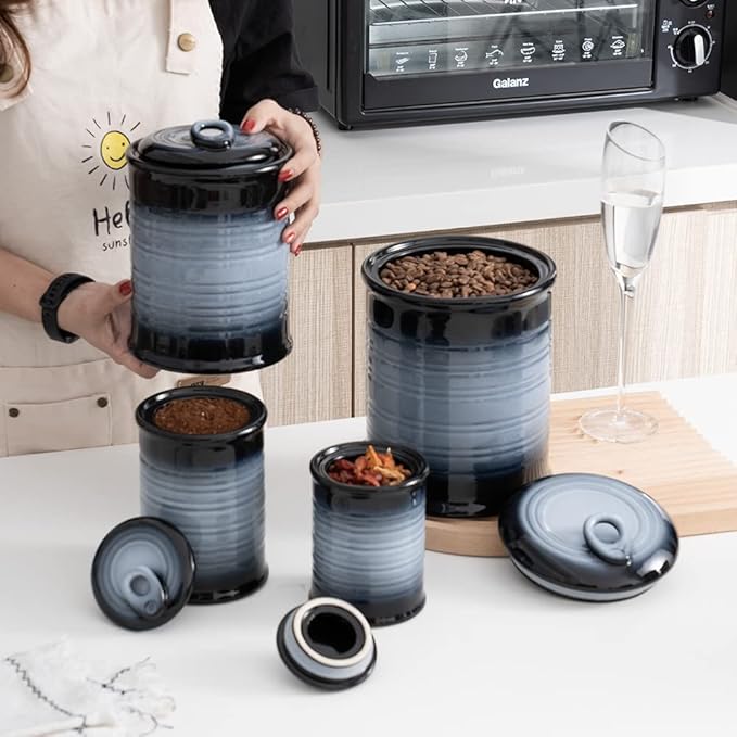 Nihow Ceramic Food Storage Jar Sets: Container with Air Tight Ceramic Lid for Flour/Sugar/Rice/Coffee/Cookies/Candy - Seal Damp-proof Canister for The Kitchen - Set of 4 (Gray)