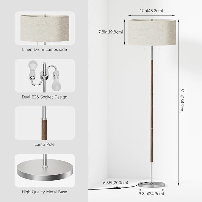 2-Light Floor Lamp, Mid Century Floor Lamp with Beige Lampshade, Standing Lamp Tall Lamp for Living Room Bedroom, 3 Color Temperatures 9W Bulb Include