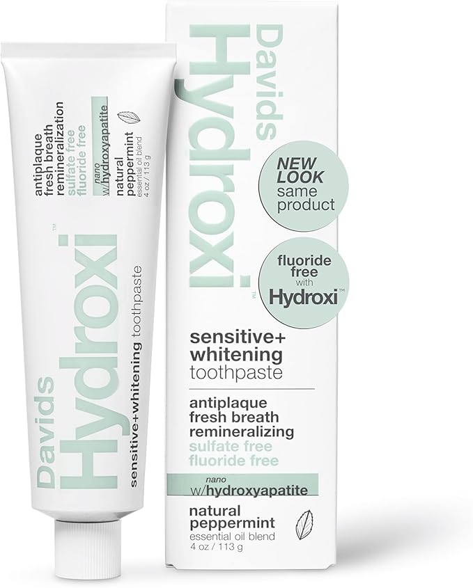 Davids Hydroxi Fluoride Free Nano Hydroxyapatite Toothpaste for Remineralizing Enamel & Sensitive Relief, Whitening, Antiplaque, SLS Free, Natural Peppermint, 4 oz, Made in USA