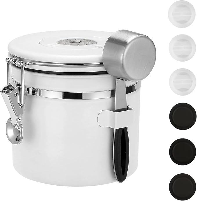 ShanSon Coffee Canister Airtight Coffee Container Stainless Steel Coffee Bean Storage Container with Scoop Coffee Canister for Beans Grounds Sugar Flour Tea Cereal,11OZ, White