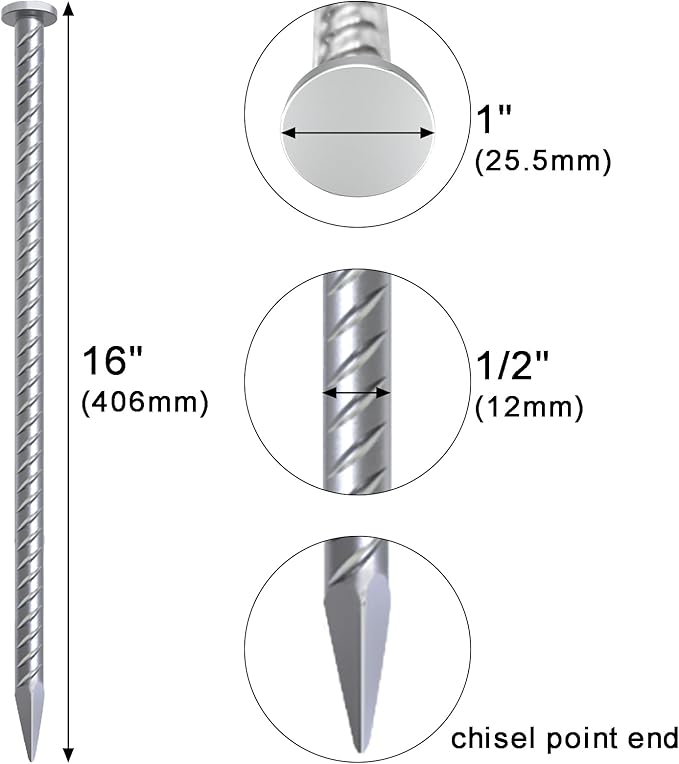 VVOKGO 16 Inch Rebar Stakes Metal Asphalt Anchoring Spikes Ground (12pcs), 1/2 Inch Diameter Galvanized Landscape Anchors Heavy Duty for Speed Bump, Handicap Threshold Ramps, Parking Limits Curb, Tarp