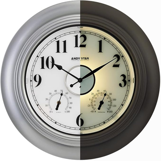 Andy Star 21 Inch Silver Illuminated Outdoor Wall Clock Waterproof with Thermometer and Hygrometer, Oversized Battery Operated Round Wall Clock, Big Silent Non Ticking Clock for Patio Pool Garden