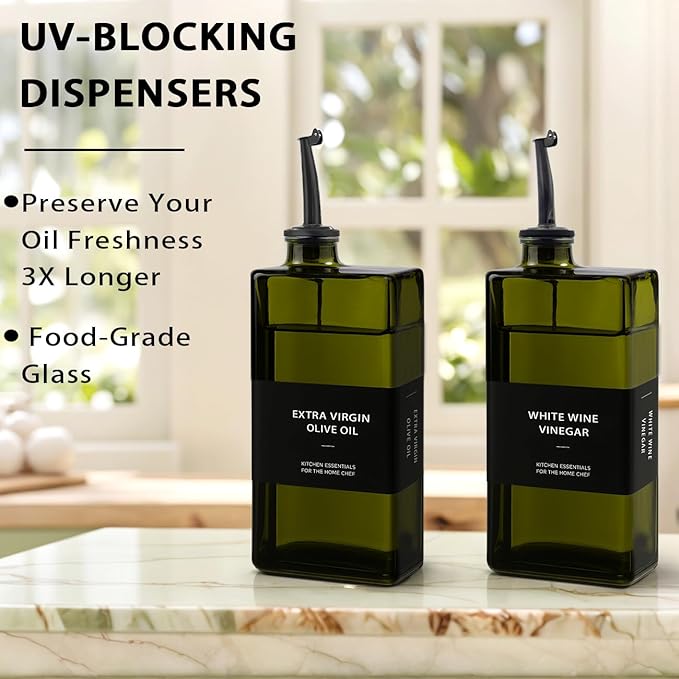Olive Oil Dispenser Bottle for Kitchen 16.9oz, UV-Blocking Oil and Vinegar Dispenser Set, Soy Sauce Dispenser, Space Saving Design for Countertop (Green, 2pcs)