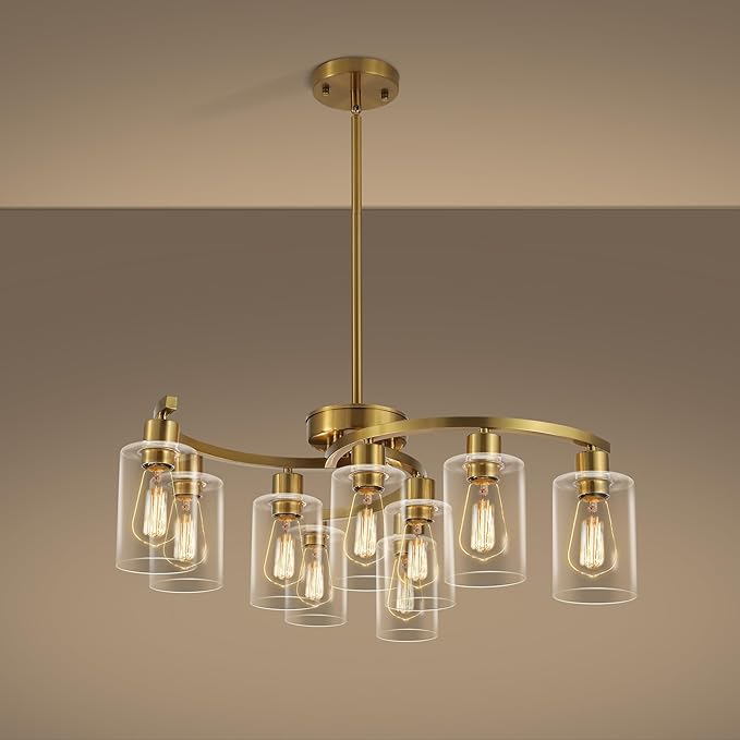 9-Light Gold Glass Chandelier, Adjustable Height Dining Room Light Fixtures Over Table, Contemporary Hanging Chandelier for Kitchen Island Living Room Foyer Office, Clear Glass Shade