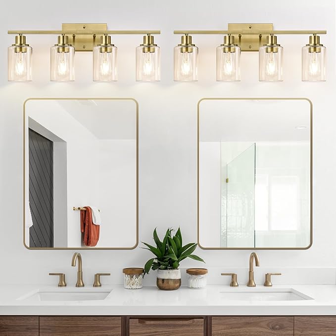 4 Light Bathroom Light Fixtures, Brass Vanity Lights for Bathroom with Clear Glass Shades, Modern Bathroom Wall Sconces for Mirror Living Room Cabinet