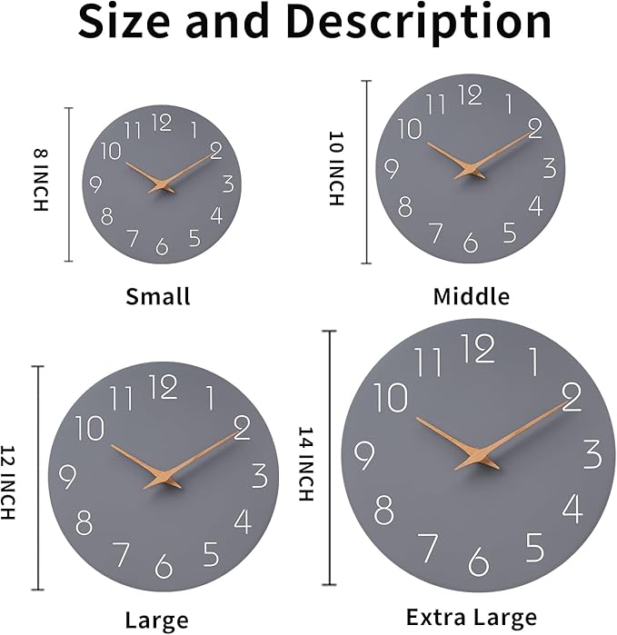Mosewa Wall Clock Silent Non Ticking Decorative for Kitchen Bedroom Bathroom Office Living Room Battery Operated 10 Inch Gray Wood Modern Simple