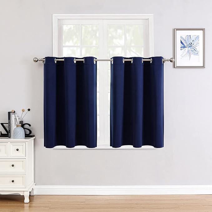 ChrisDowa Small Window Curtains for Kitchen and Bedroom - Grommet Short Thermal Insulated Room Darkening Curtains (2 Panels, Navy Blue, 52 x 36 Inch)
