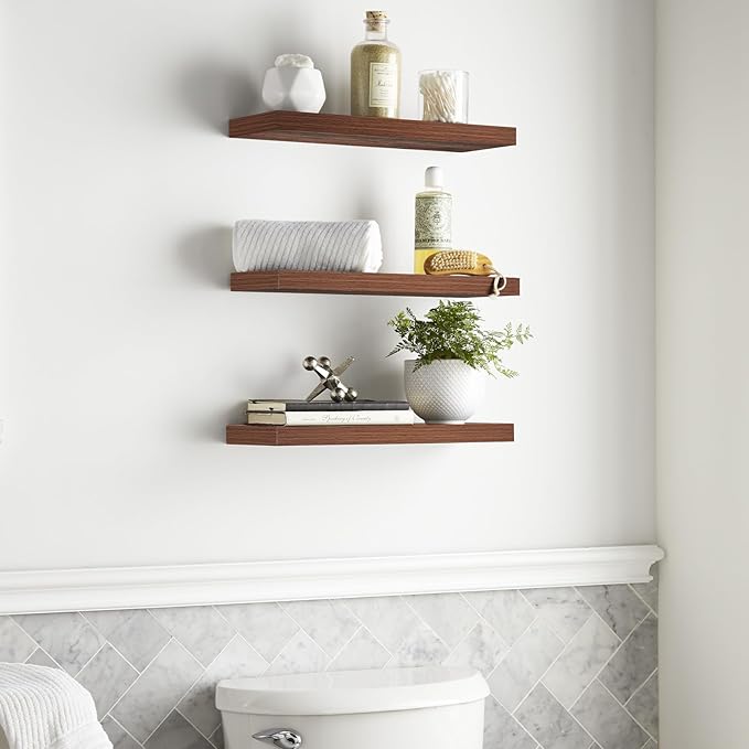 BAYKA Floating Shelves for Wall, Wall Mounted Rustic Wood Shelves for Bathroom, Bedroom, Living Room, Kitchen,Small Hanging Shelf for Books/Storage/Room Decor (Walnut-Like, Set of 3, 15.7in)