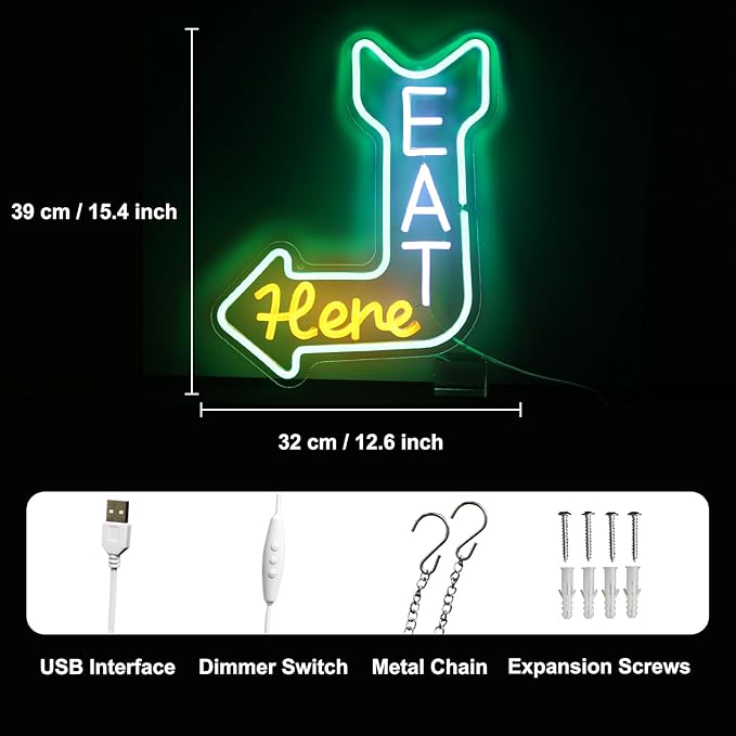 Eat Here Neon Sign Kitchen Neon Signs for Wall Decor with Arrow Guidance Green Orange White Eat Dimmable LED Sign Diner Neon Signs for Wall Bar Restaurant Kitchen Man Cave Decor