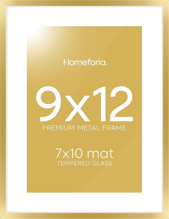 Homeforia 9x12 Gold Frame, High End Metal 9 x 12 Picture Frames with Mat 7 by 10 inch Photo, 9by12 Thin Poster Frame Matted to 7x10 Art, 12x9 Wall or Tabletop Frame, Tempered Glass, Wall Kit, Set of 1