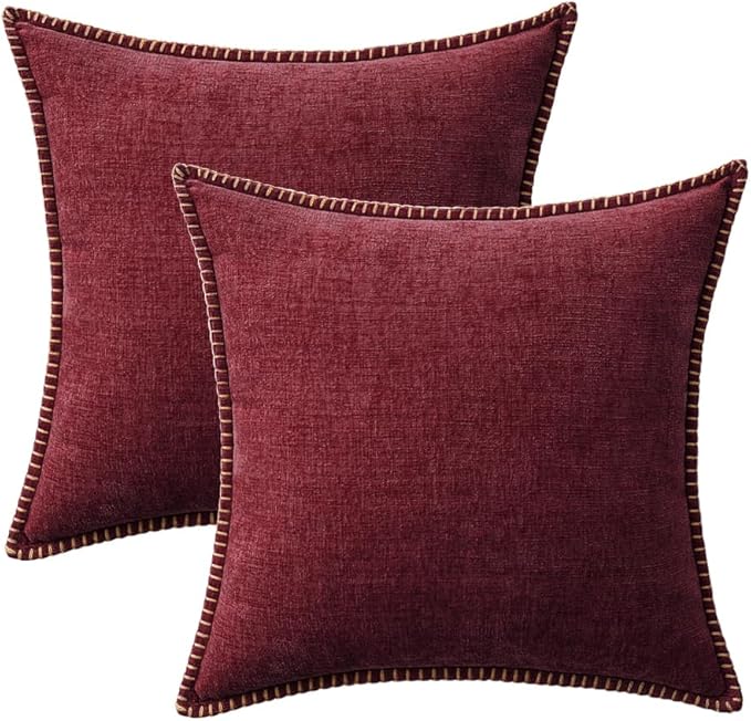MIULEE Pack of 2 Christmas Pillow Covers 18x18 Inch Burgundy Red Farmhouse Decorative Throw Pillow Covers with Stitched Edge Soft Chenille Solid Dyed Couch Pillow Covers for Sofa Bed Living Room