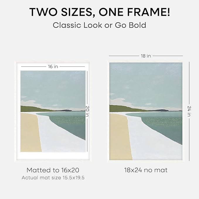 Homeforia 18 x 24 Poster Frame White, High End Oak 18x24 White Wood Picture Frame with Mat 16x20 Photo, 18 x 24 Wooden Frame Matted to 16 x 20, 24x18 Hanging Frames, Tempered Glass, Wall Kit, Set of 1