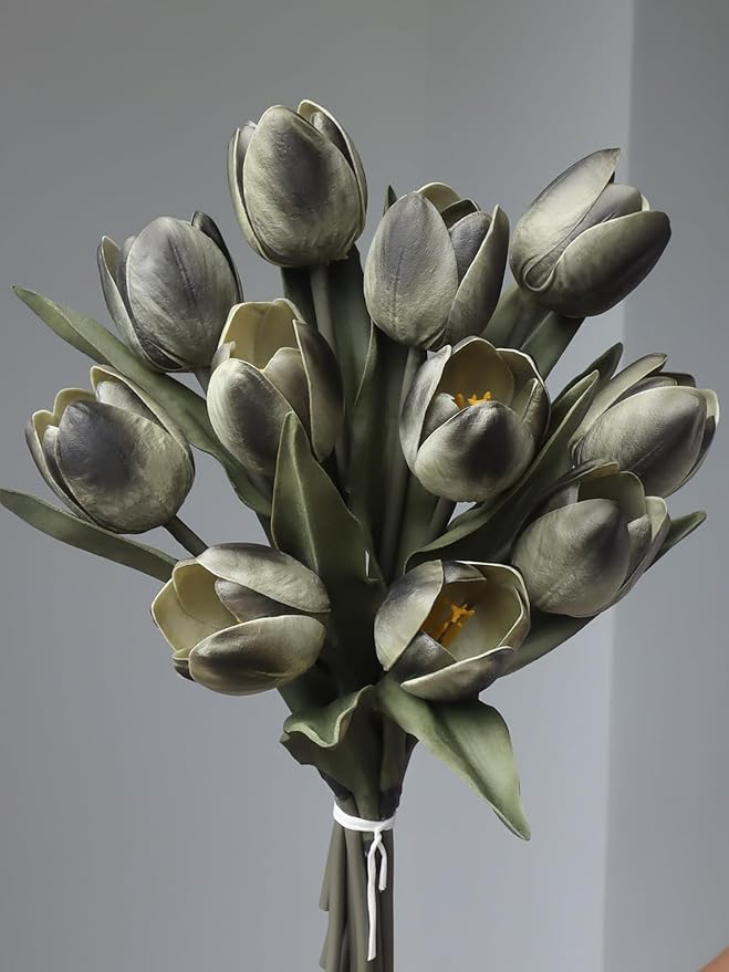 Buart Black-Coffee Flowers Artificial Luxury Big Tulip Valentine's Day Mother's Day Easter Home Kitchen Wedding Decorations(11pcs)