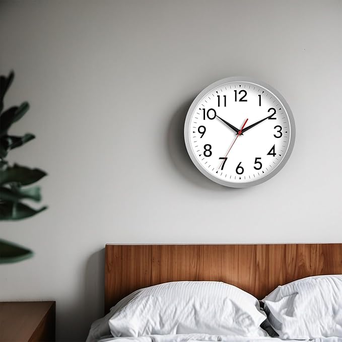 12 Inch Wall Clock Battery Operated Silent Non Ticking Analog Modern Decorative for Office Kitchen Outdoor Living Room Classroom Bedroom Bathroom School(Silver)
