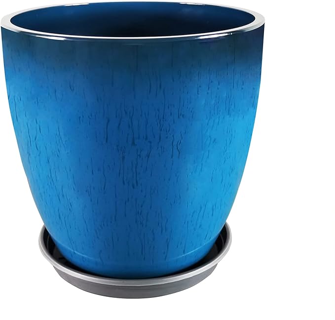 FixtureDisplays® Garden Plastic Round 11.8" Diameter 12" Tall Planter Resin Glazed Faux Ceramic Flower Pots Drainage Hole with Saucer Decorative Pot 15580-NF