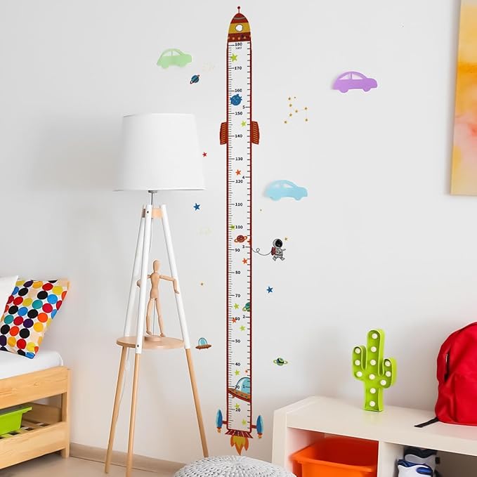 Rocket Self-adheve Vinyl Nursery Wall Decal Baby Growth Chart Sticker for Bedroom Play Room Peel and Stick Kindergarten Height Measure Mural