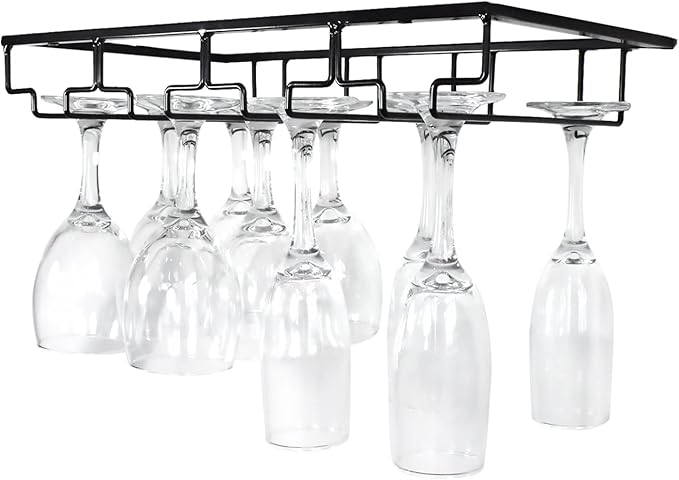 4 Rows Wine Glass Rack Under Cabinet Hanging Stemware Wine Glass Holder Under Shelf Wire Wine Glasses Racks Hanger for Bar, Kitchen (1, 4 Rows)