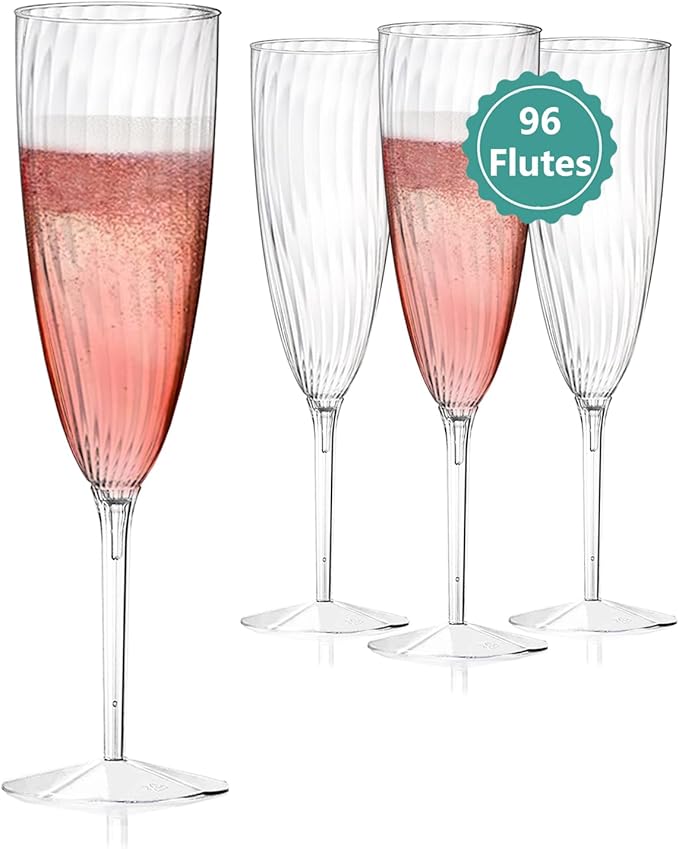 Clear Plastic Champagne Flutes, 96 PCS Disposable Reusable Cocktail Cups for Home Daily Life Party Birthday Wedding Toasting Drinking Champagne (6 oz)