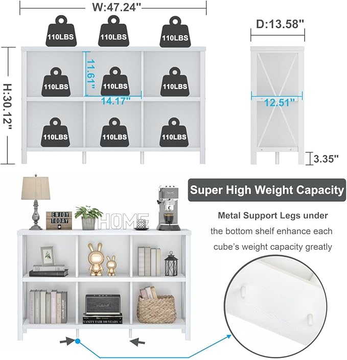 FATORRI 6 Cube Storage Organizer with Shelf, Long Wood and Metal Cubby Bookcase, Industrial Horizontal Bookshelf (White Oak, 47 Inch)