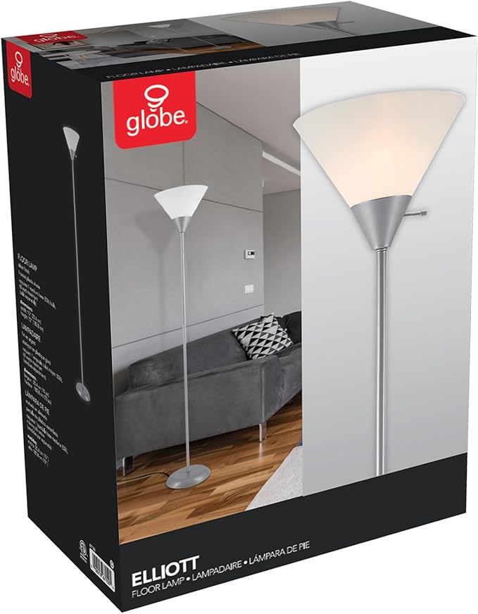 GLOBE Electric 677150 Elliott 72" Floor Lamp, Silver, White Plastic Shade, On/Off Rotary Switch on Shade, Standing, Living Room Decor, Bedroom, Tall, Corner Light